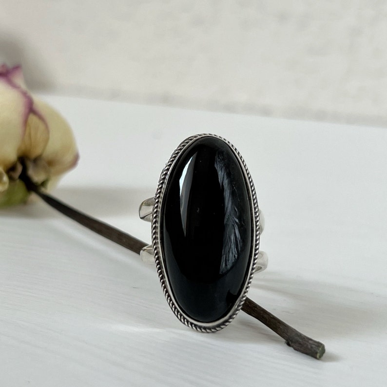 Large Black stone ring adjustable sterling silver obsidian ring for men, oval gemstone ring, black ring women, natural obsidian Armenia image 2