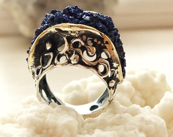 Handwerker Ringe für Frauen Sterling Silber mit dunkelblauem Azurit Rohstein Druzy Edelstein natürlicher Azuritring hergestellt in Armenien Fantasy Ring
