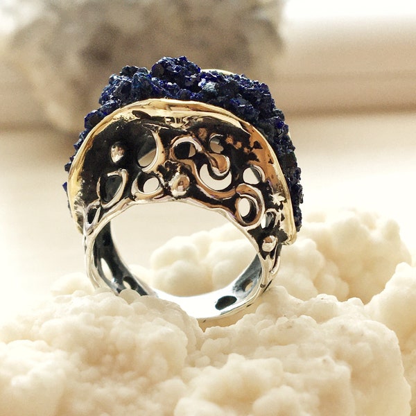 Artisan rings for women sterling silver with dark blue azurite Raw stone druzy gemstone natural azurite ring made in Armenia fantasy ring