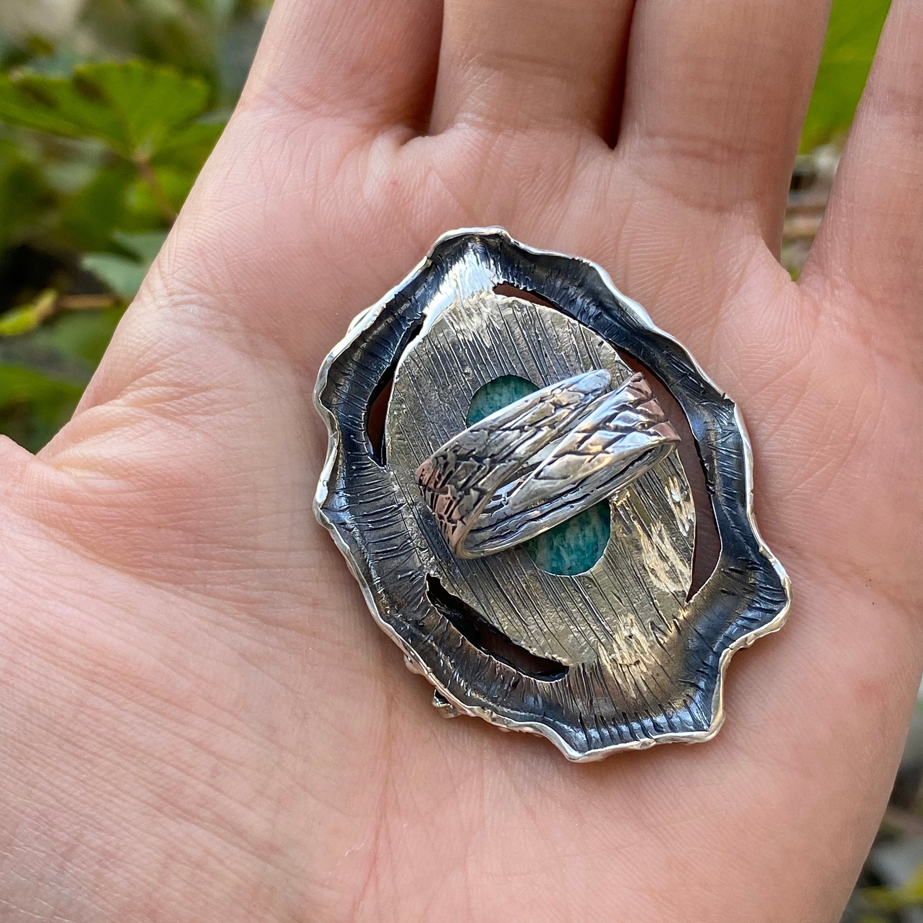 Huge Amazonite Ring, Abstract Ring Sterling Silver