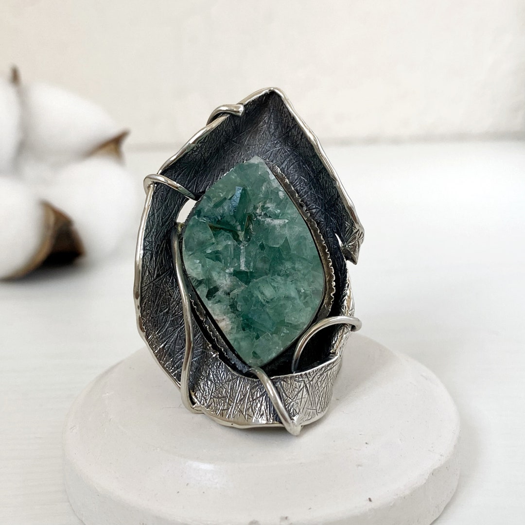 Large Ring Gemstone Raw Fluorite Ring Sterling Silver Green Stone Ring ...
