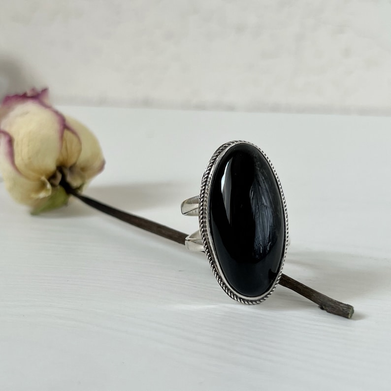 Large Black stone ring adjustable sterling silver obsidian ring for men, oval gemstone ring, black ring women, natural obsidian Armenia image 9