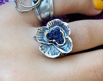 Flower ring Sterling silver Raw azurite ring Blue stone ring Druzy crystal ring raw  stone ring for women not to forget ring made in Armenia