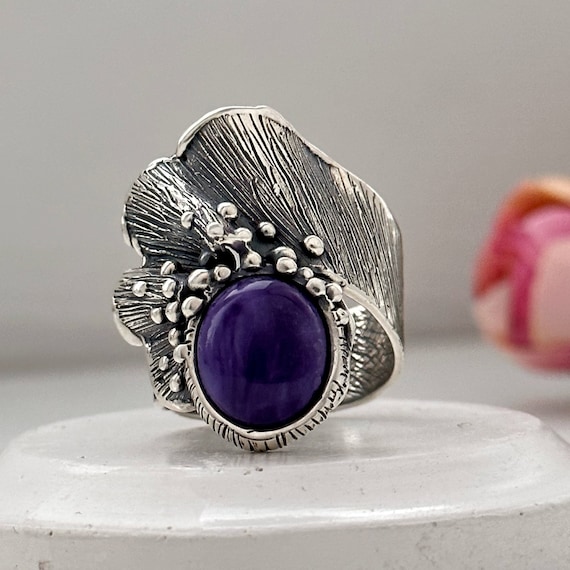 Three Stone Purple Charoite Wide Band Ring Sterling Silver Three Stone Purple Charoite Wide Band Ring Sterling Silver
