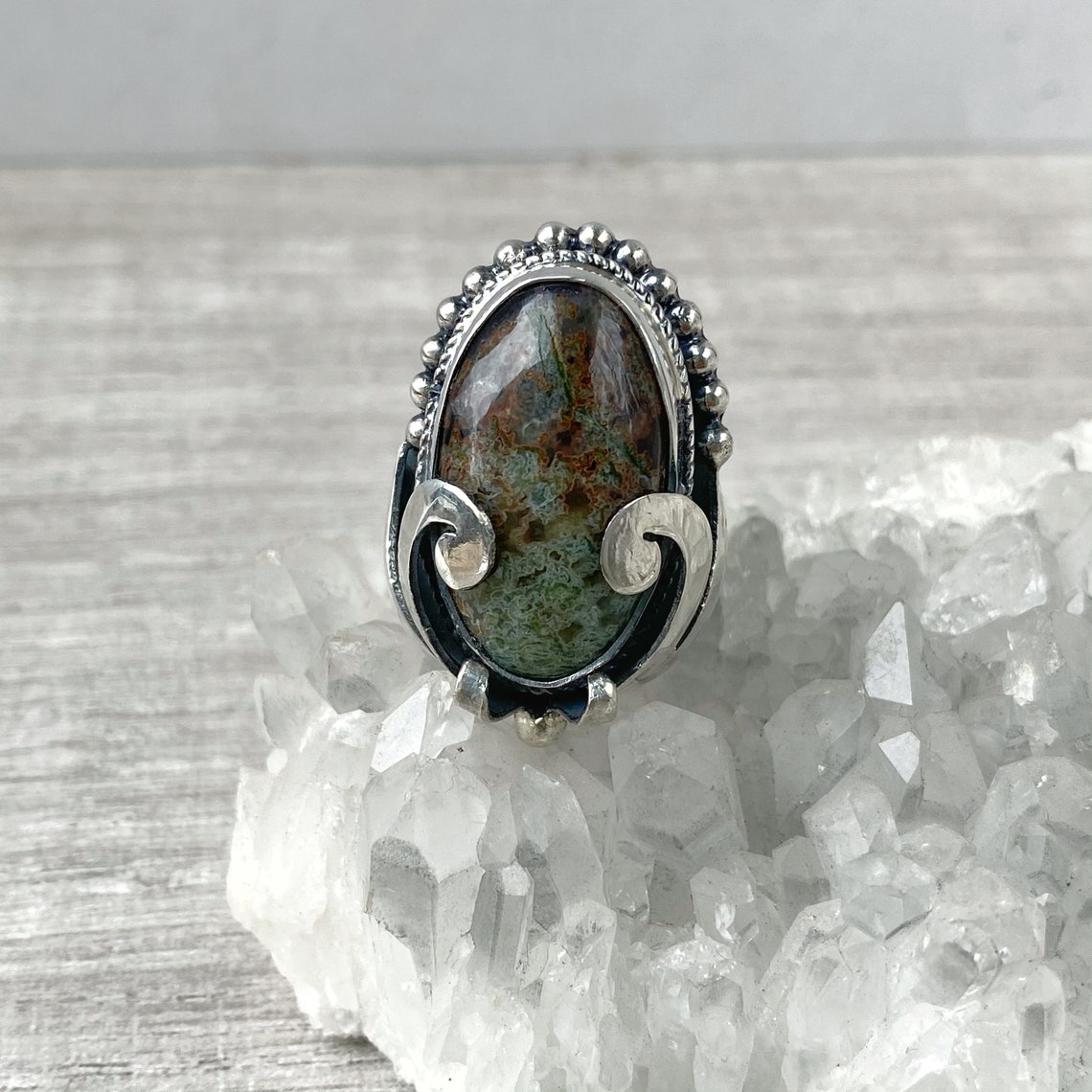 Unique Moss Agate Ring Adjustable Solid Silver 925 for Women | Etsy