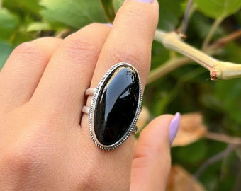 Large Black stone ring adjustable sterling silver obsidian ring for men, oval gemstone ring, black ring women, natural obsidian Armenia