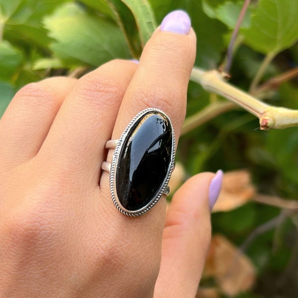 Large Black stone ring adjustable sterling silver obsidian ring for men, oval gemstone ring, black ring women, natural obsidian Armenia