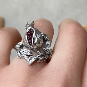 Armenian pomegranate ring Persephone ring Sterling silver Garnet pomegranate stone ring, Red garnet ring, Armenian jewelry gift