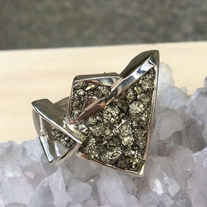 Druzy pyrite ring Armenia STERLING SILVER gemstone ring for woman Raw Pyrite crystal Silver Triangle ring Unusual Chevron ring with stones