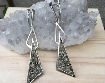Druzy Pyrite earrings STERLING SILVER large triangle earrings Geometric golden stone earrings Raw pyrite crystal earrings Armenia silver