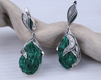 Large Teardrop earrings raw malachite leaf earrings for women, sterling silver dangle, raw stone green gemstone earrings made in Armenia