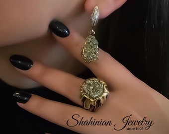 Armenian jewelry/ Sterling silver ring and earrings with raw pyrite crystals for sister/  golden stone silver jewelry sets/ Crystal earrings