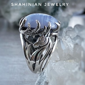 Bague cerf en agate en dentelle bleue, bague en bois d'argent 925, bague en pierre d'agate pour unisexe, bague animal pour homme femme, bijoux fabriqué en Arménie pour cadeau