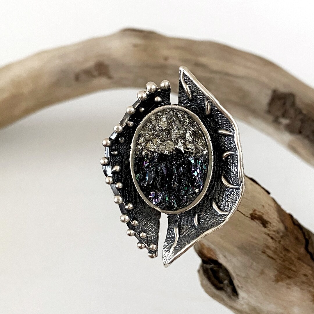Sterling Silver Abstract Ring Raw Stone Ring Pyrite Carborundum Ring ...