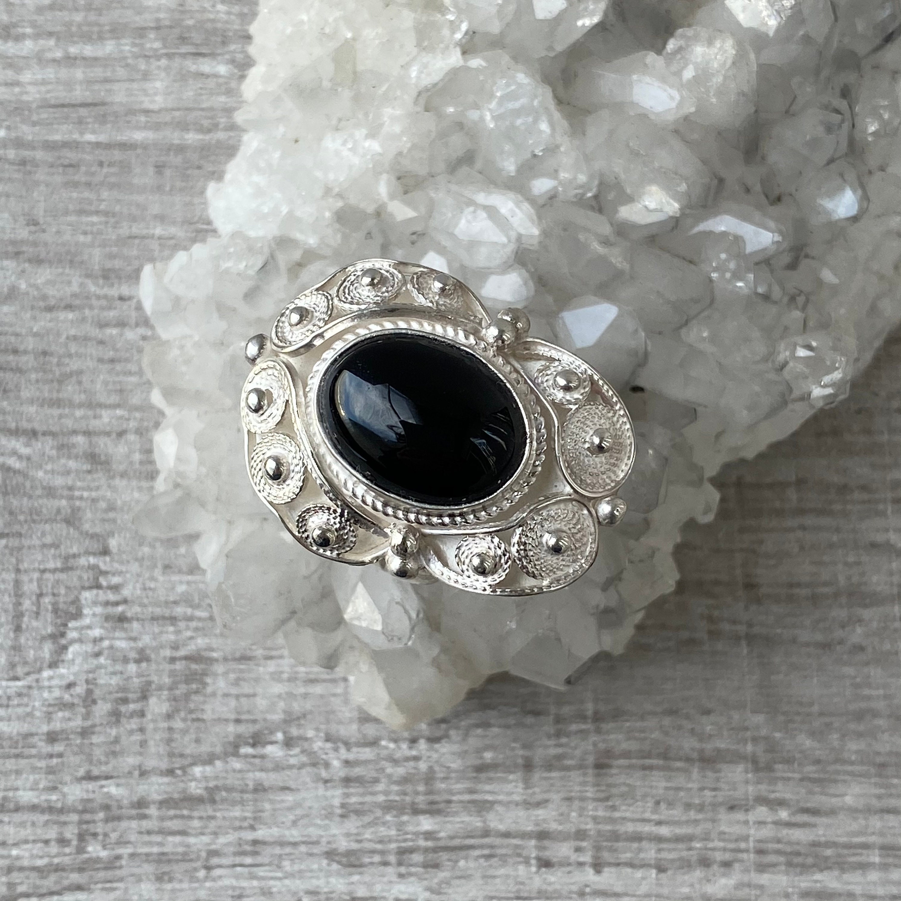 Black stone obsidian ring women Sterling silver adjustable | Etsy