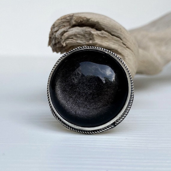 Bague en obsidienne ronde bague reglable en argent sterling bague en pierre precieuse noire bague en pierre ronde noire pour femme et homme fabriquee en Armenie Etsy France