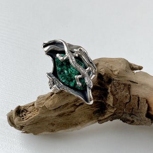 May include: A silver ring with a green malachite stone and a detailed lizard design.