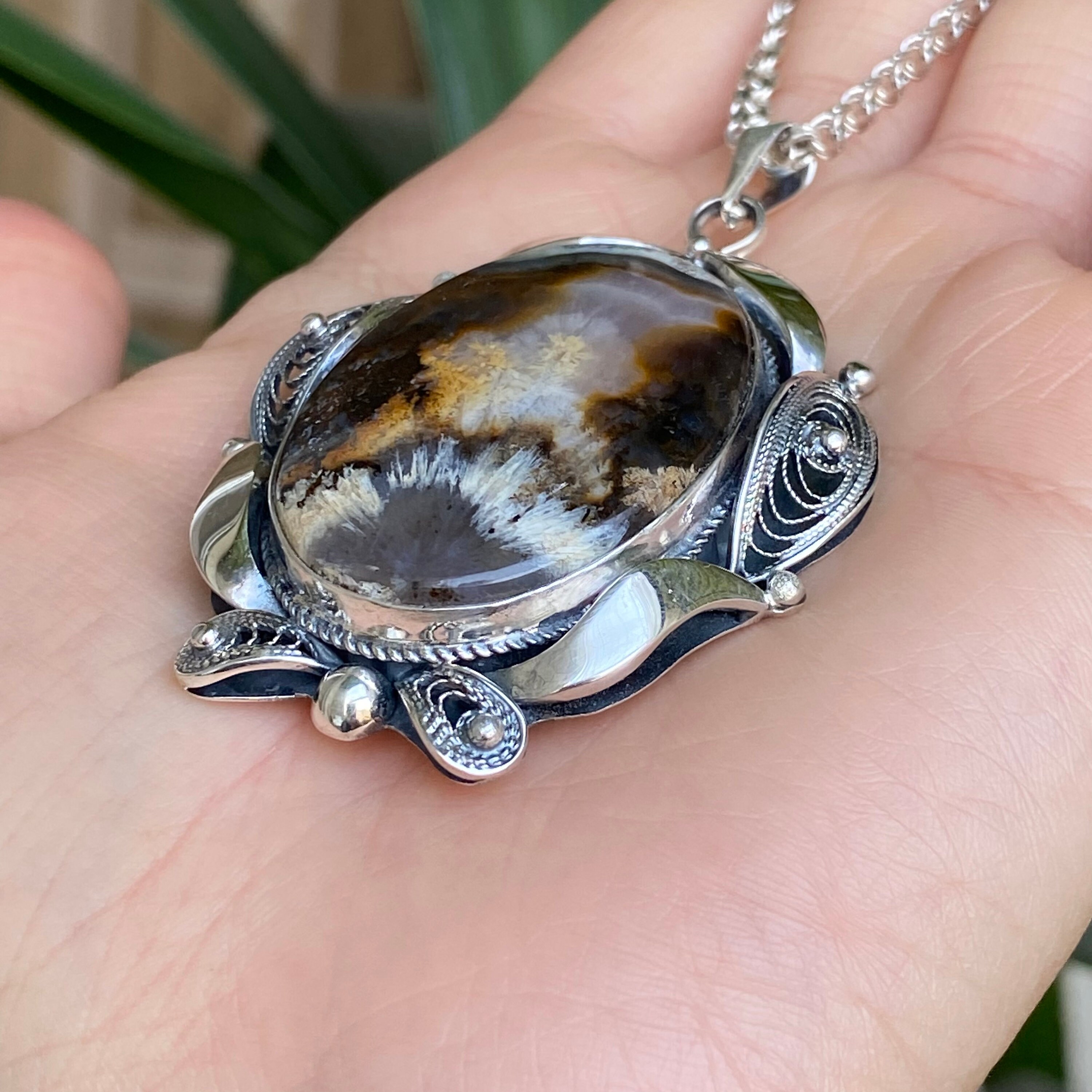 Large Pendant Sterling Silver Moss Agate Necklace Brown Agate | Etsy