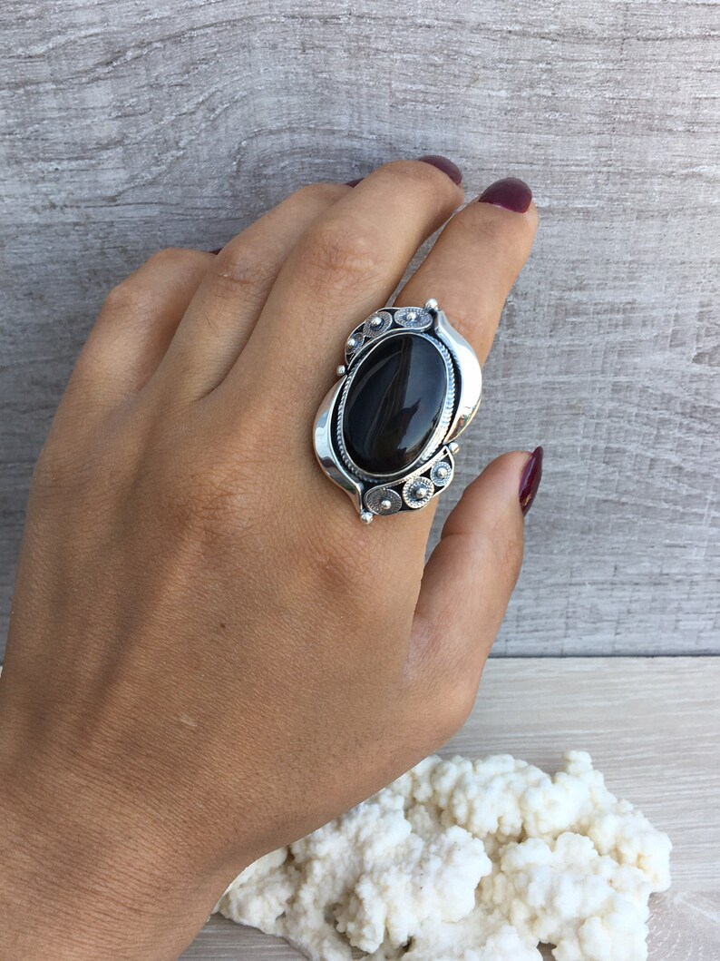 Adjustable rings silver Vintage ring Armenian handmade ring Filigree ring Black onyx ring sterling silver for women black stone oval ring