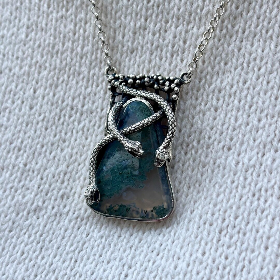 Snake Necklace With Moss Agate Pendant, Silver 925 Green Agate Triangle