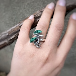 Mushroom ring silver 925 Raw malachite ring Green gemstone ring druzy Adjustable ring Mushroom lover gift