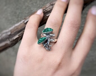 Mushroom ring silver 925 Raw malachite ring Green gemstone ring druzy Adjustable ring Mushroom lover gift