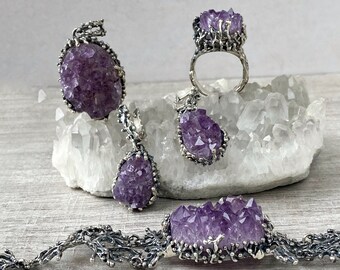 Branch jewelry set, Druzy amethyst ring and earrings, raw crystal earrings silver 925 purple druzy ring made in Armenia