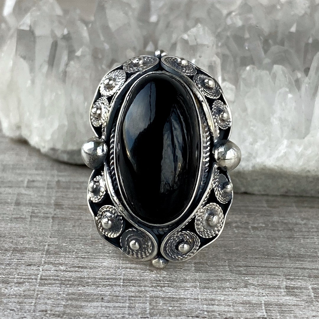 Black Obsidian Ring Adjustable Sterling Silver for Women, Vintage ...