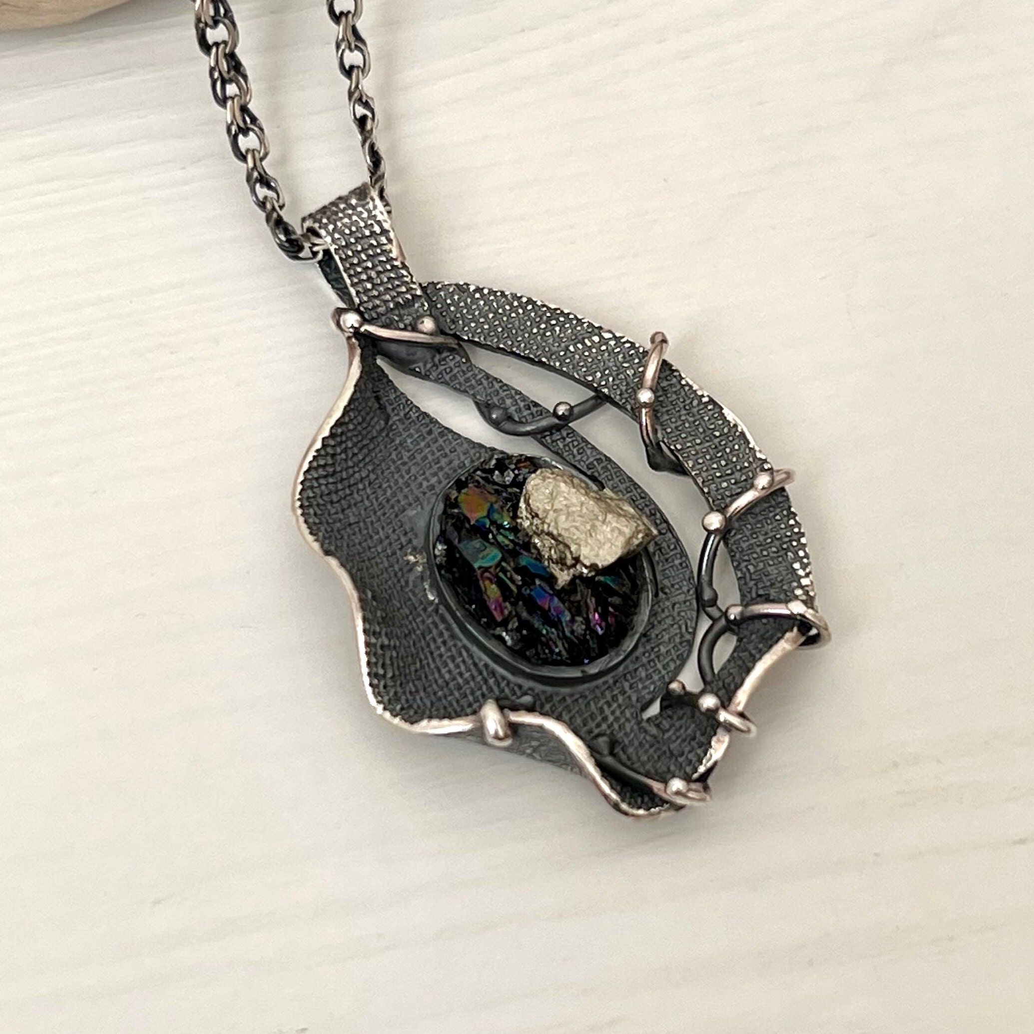 Sterling Silver Abstract Pendant Raw Stone Necklace Large