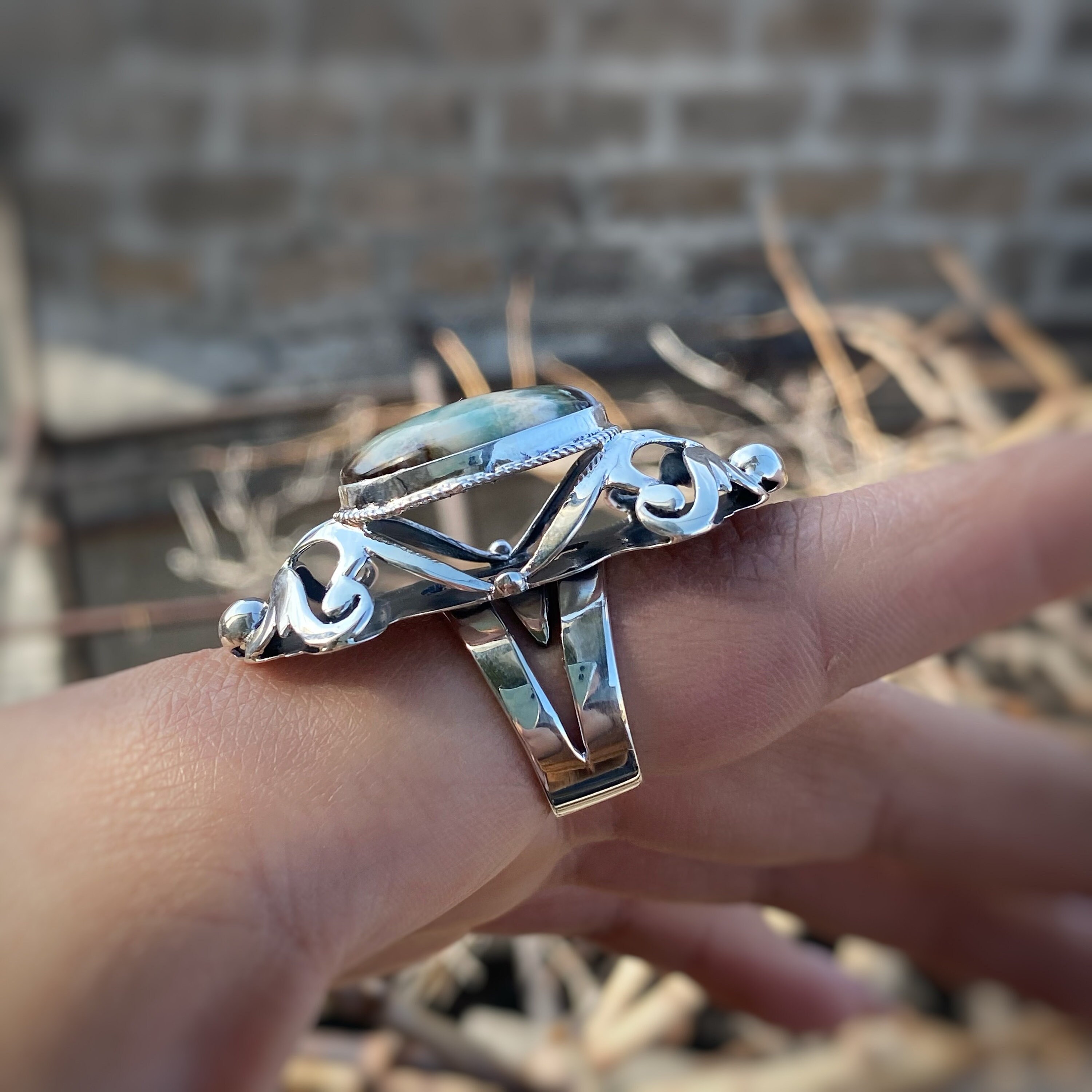 Large agate ring sterling silver Moss agate ring Adjustable | Etsy