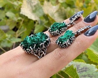 Tree branch jewelry set, Sterling silver green malachite jewelry, twig ring, raw malachite earrings, druzy green stone jewelry for women