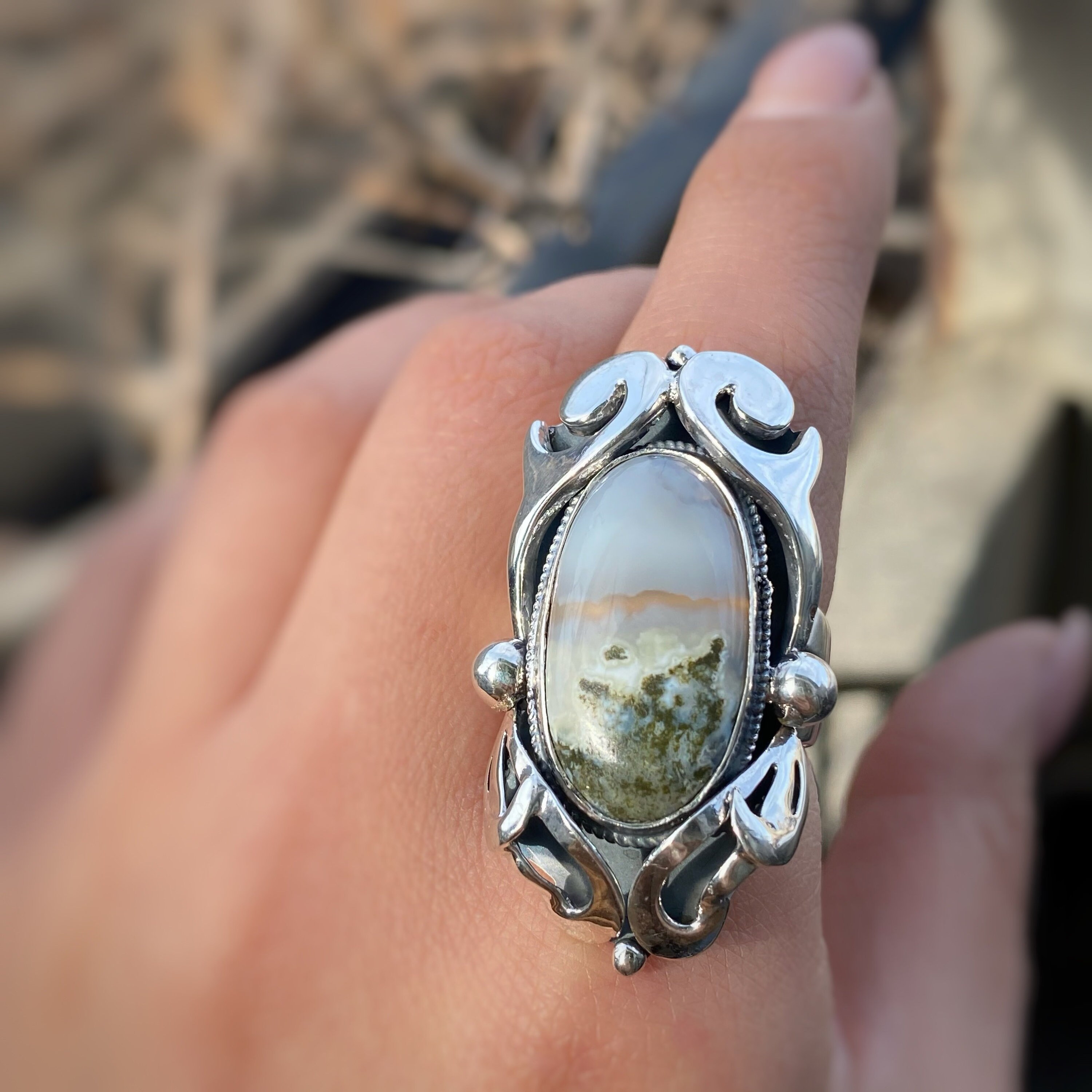 Large Agate Ring Adjustable Green White Moss Agate Ring in Etsy Canada