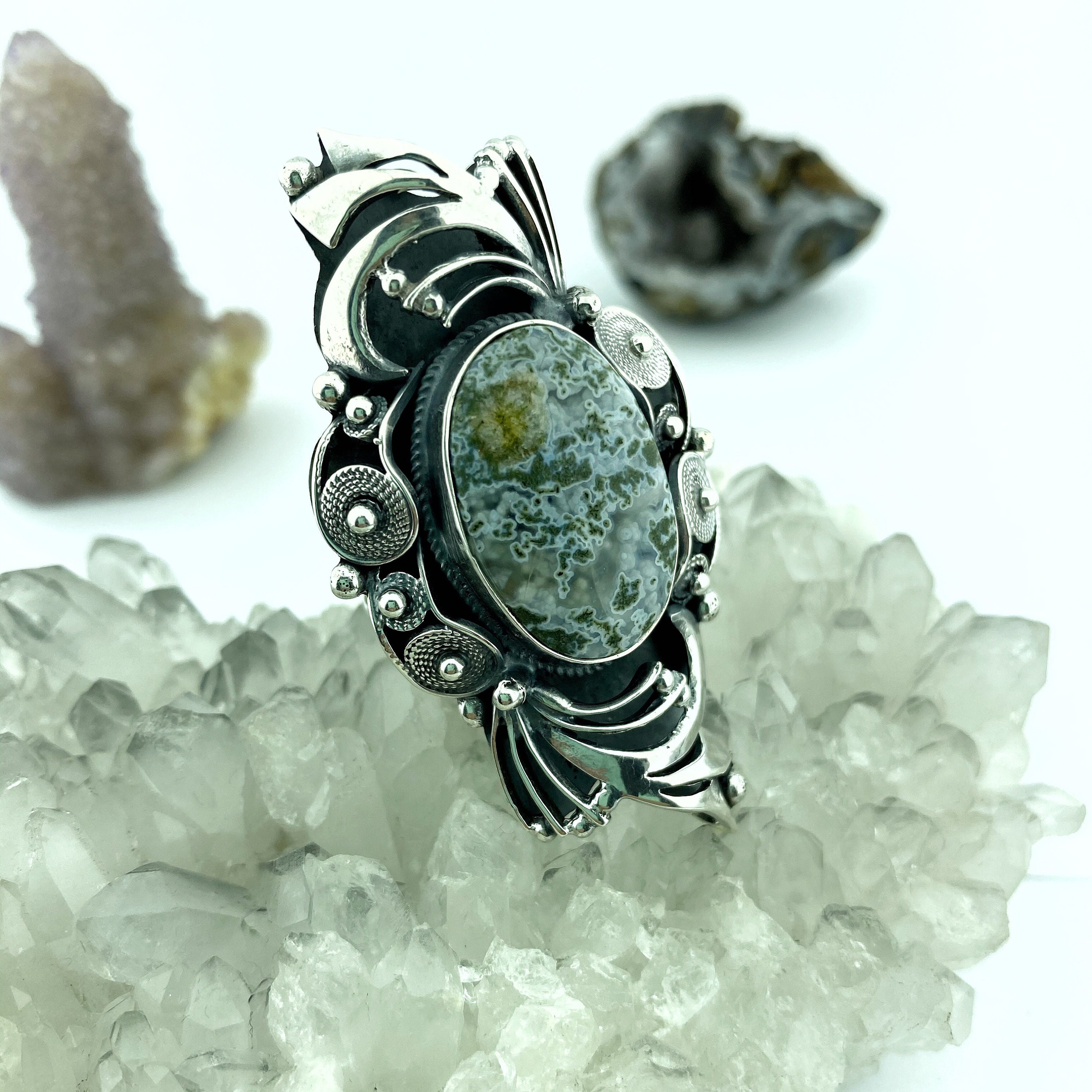 Large Moss Agate Ring Sterling Silver Adjustable Filigree | Etsy