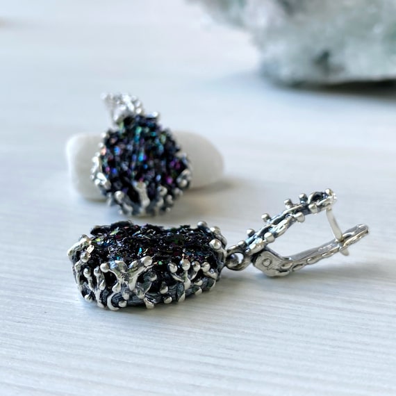 Twig earrings sterling silver, Tree branch earrings raw crystal earrings, black raw stone teardrop dangle, Forest Lover Gift nature earrings