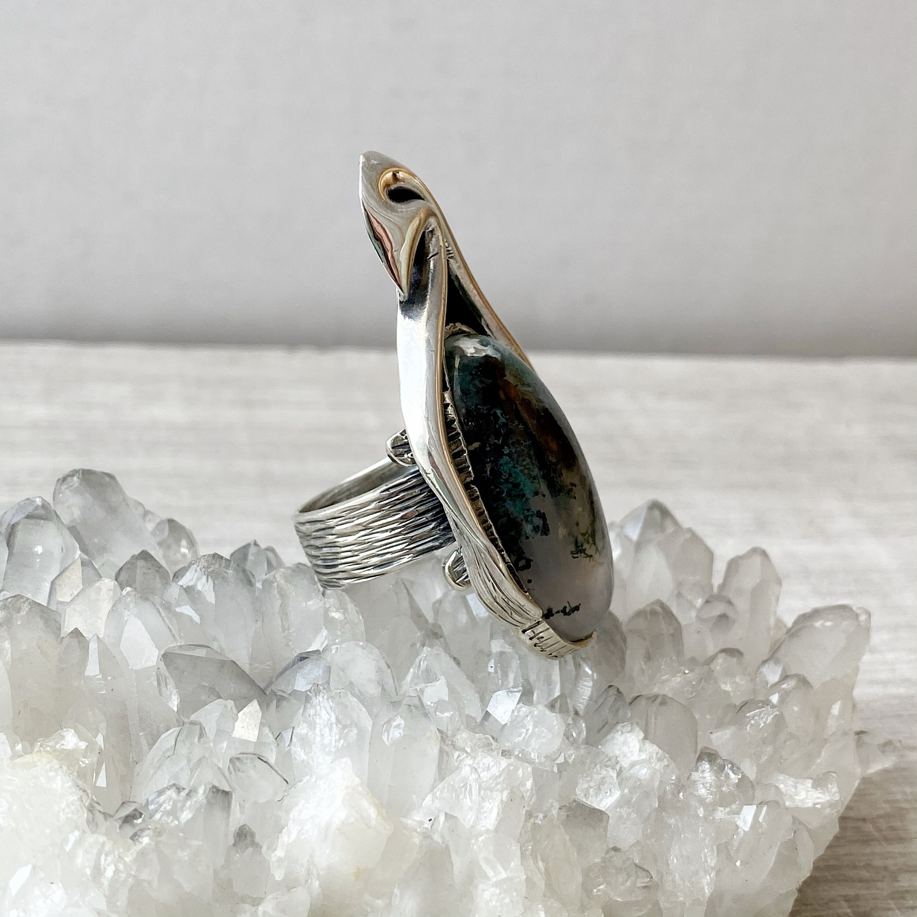 Big Moss agate ring women sterling silver Large stone ring | Etsy