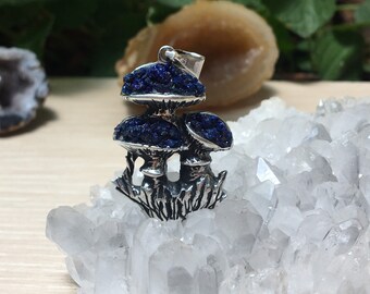 Mushroom Silver pendant with dark blue stone azurite for sister Natural azurite pendant Druzy stone crystal pendant Armenian pendant  gift