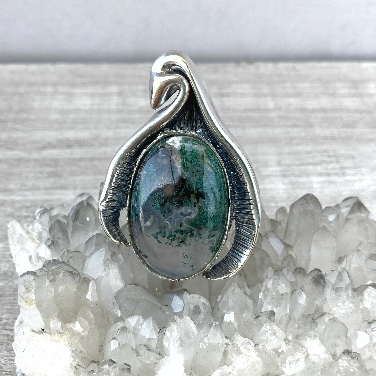 Big Moss agate ring women sterling silver Large stone ring | Etsy
