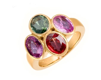 May include: A gold ring with four oval-shaped gemstones. The gemstones are green, pink, and red.