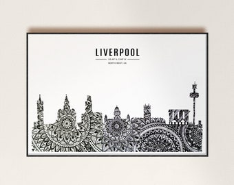 LIVERPOOL SKYLINE PRINT, A4/A5 Art Prints, Mandala Skyline Art, Prints from artwork by tomwbrowndesign