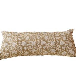 block print linen pillow,  camel color floral pillow cover, lumbar pillow cover