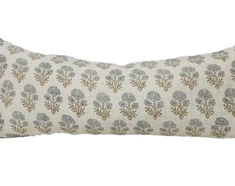 Floral Block Print Linen Lumbar Pillow Cover, blue and camel color floral pillow cover,