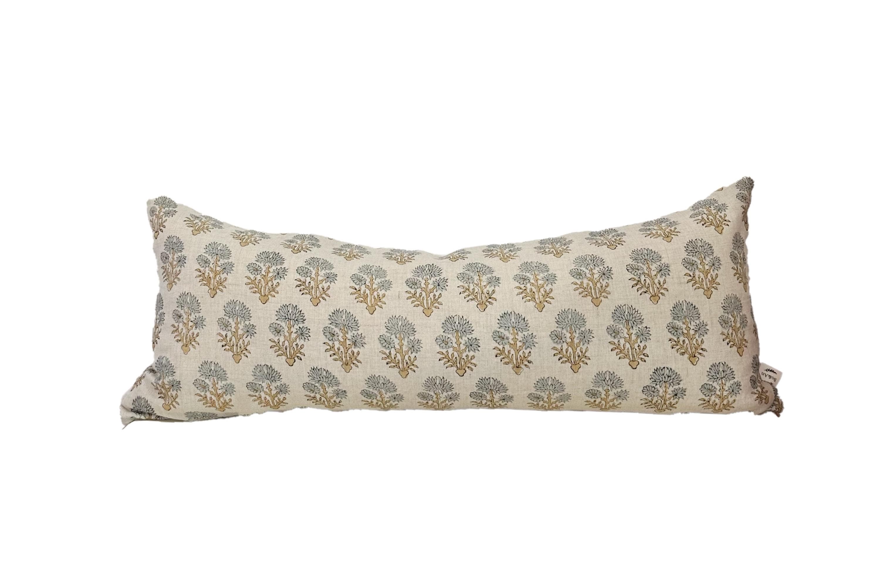 Cuscino con stampa a blocchi. Federa floreale color grigio, blu e cammello, federa per cuscino lombare (NUOVI ARRIVI)