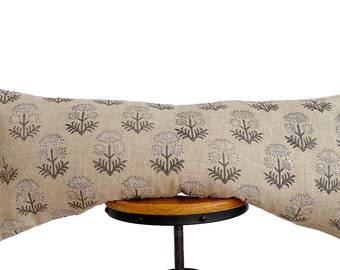 Block Print Linen Lumbar Pillow Cover: Gray Floral Design