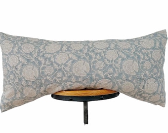 block print linen pillow cover, light blue floral pillow cover,lumbar pillow cover