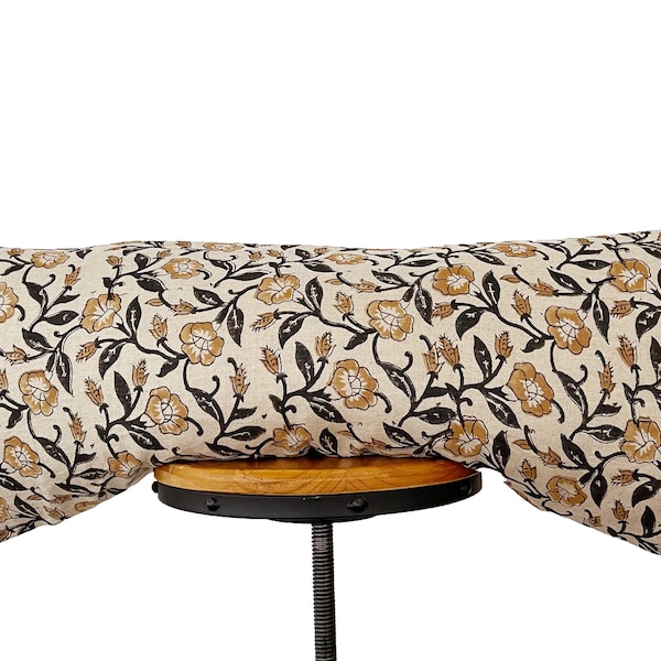 Funda de almohada lumbar de lino con estampado floral en negro y amarillo mostaza, 35,5 x 86,3 cm