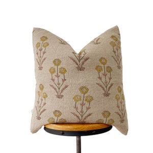 Hand Block Print Linen Pillow Cover: Yellow Floral Design