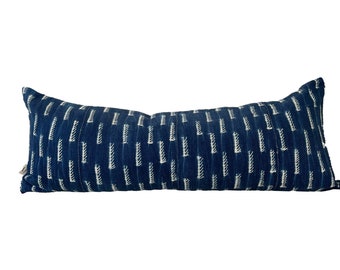 Indigo blue mudcloth lumbar pillow cover. 14x34”