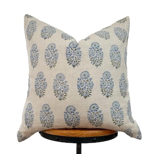 block print linen pillow cover , light blue and olive green floral pillow cover