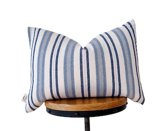 Chiangmai cotton pillow cover, blue and cream striped Modern Farmhouse Pillow, lumbar pillow cover. 12x20”14x20”14x34”(fit 14x36”insert)