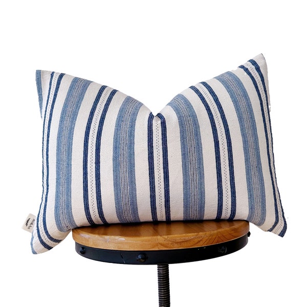 Chiangmai cotton pillow cover, blue and cream striped Modern Farmhouse Pillow, lumbar pillow cover. 12x20”14x20”14x34”(fit 14x36”insert)